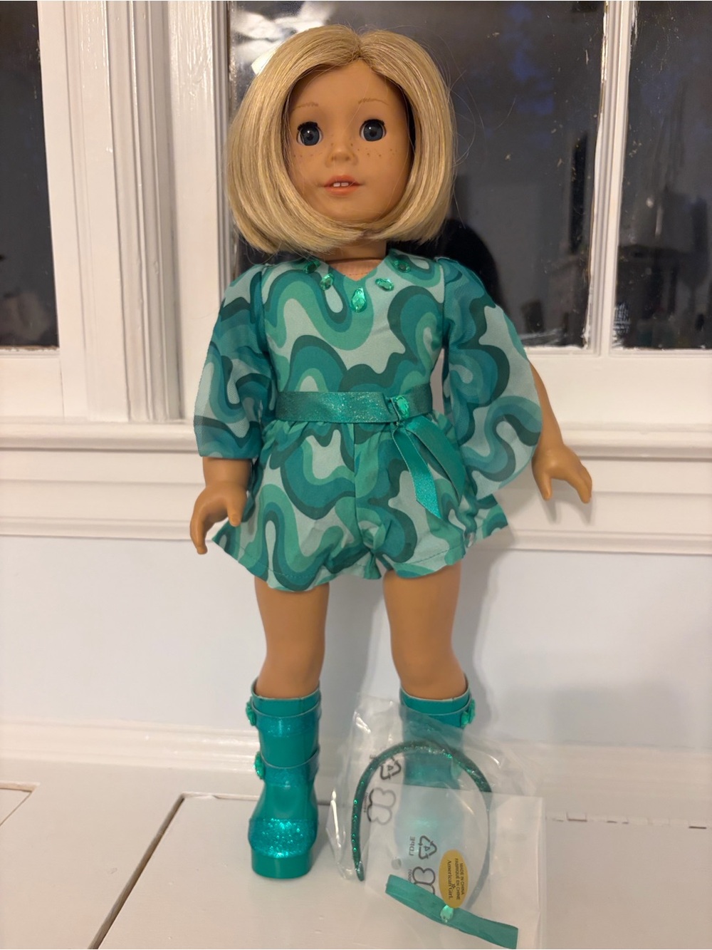 American Girl Teal Patterned Romper with Teal Boots & Headband